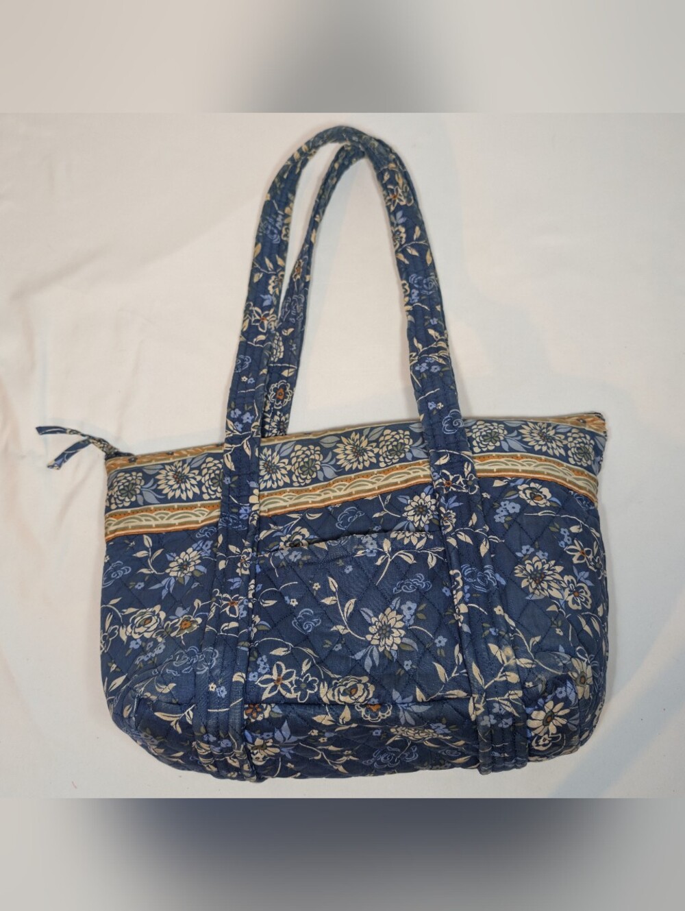 OK Blue Beige Floral Tote Bag Double Handle Open Top Striped Lining Cloth Fabric